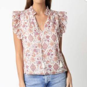 Oliviaceous Prairie Blouse Size Large 100% Cotton Flutter Sleeve V neck Lined